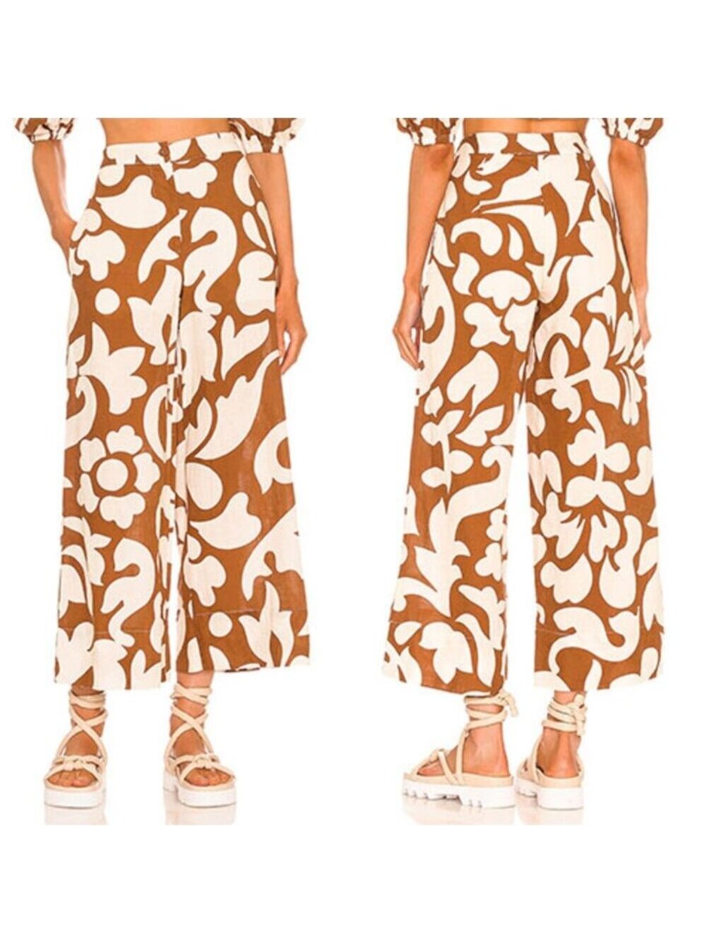 NEW Rhode Penelope High Waisted Abstract Design Wide Leg Pants Brown Size: 0